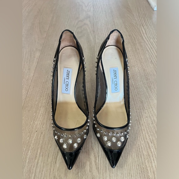 Jimmy Choo Pump Sandal Shoe Heel Swarovski Crystal Studded Black 37.5 - Picture 2 of 6